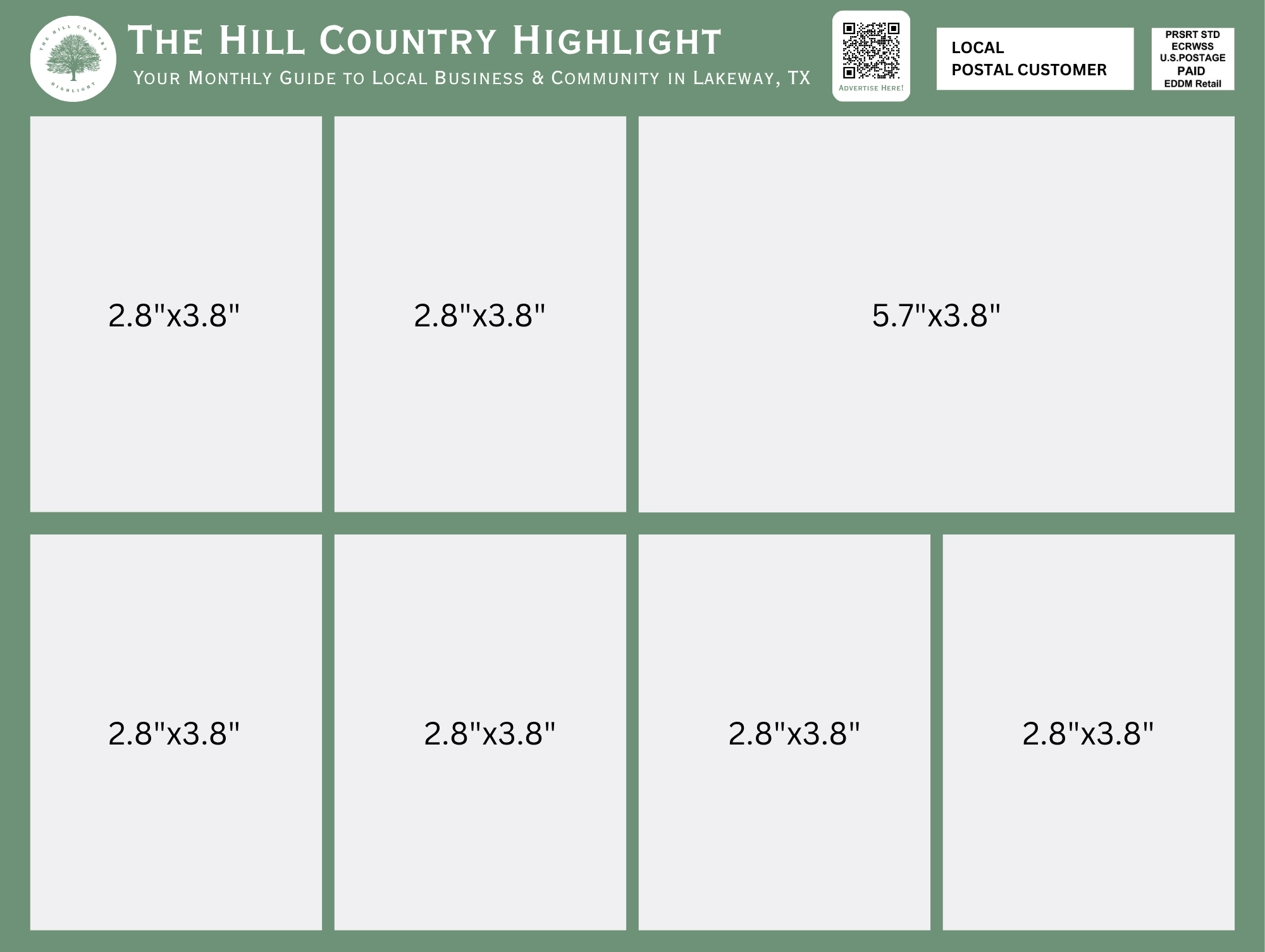 Sample Hill Country Highlight mailer card layout showing 2.8 inch and 5.7 inch ad blocks