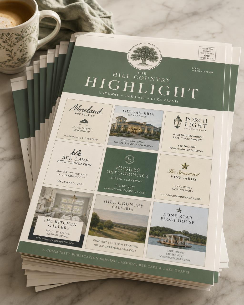 Stack of Hill Country Highlight mailer cards fanned out on a kitchen counter